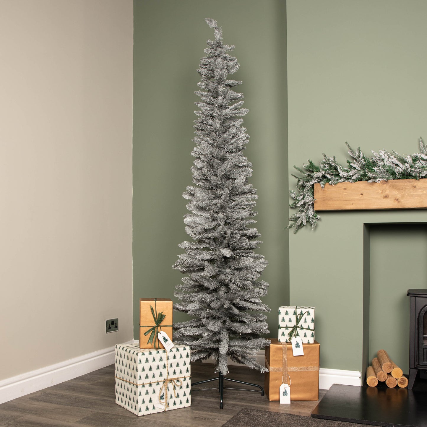 7ft (2.1m) Grey Artificial Pencil Christmas Tree With Green Metal Stand and 401 Tips