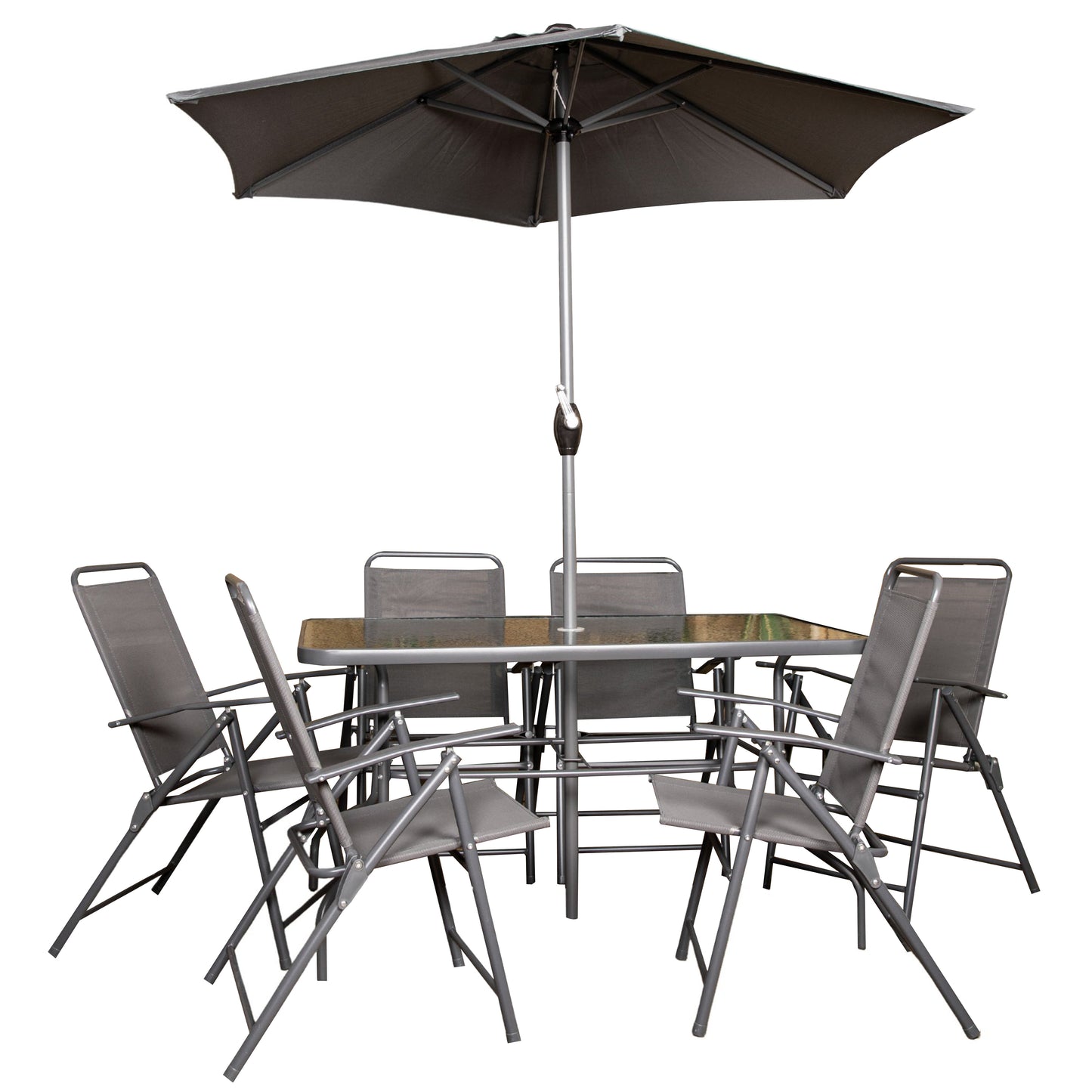 Samuel Alexander Outdoor 6 Seater Glass Top Table and Chairs Patio Set with Parasol in Grey