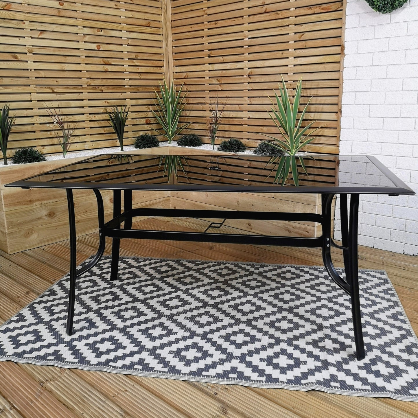 6 Person Rectangular Black Garden Patio Table with Glass Top & Parasol Hole