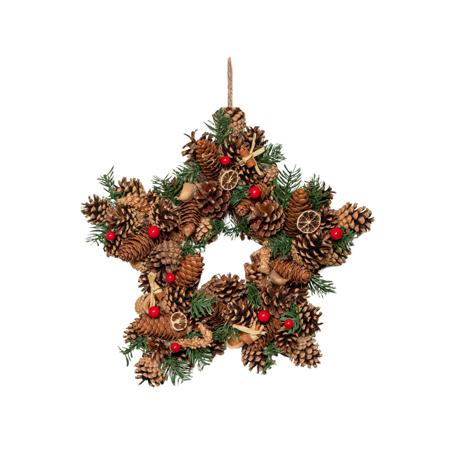 35cm Winter Spice Star Hanging Christmas Wreath with Pine Cones Red Berries & Dried Fruit