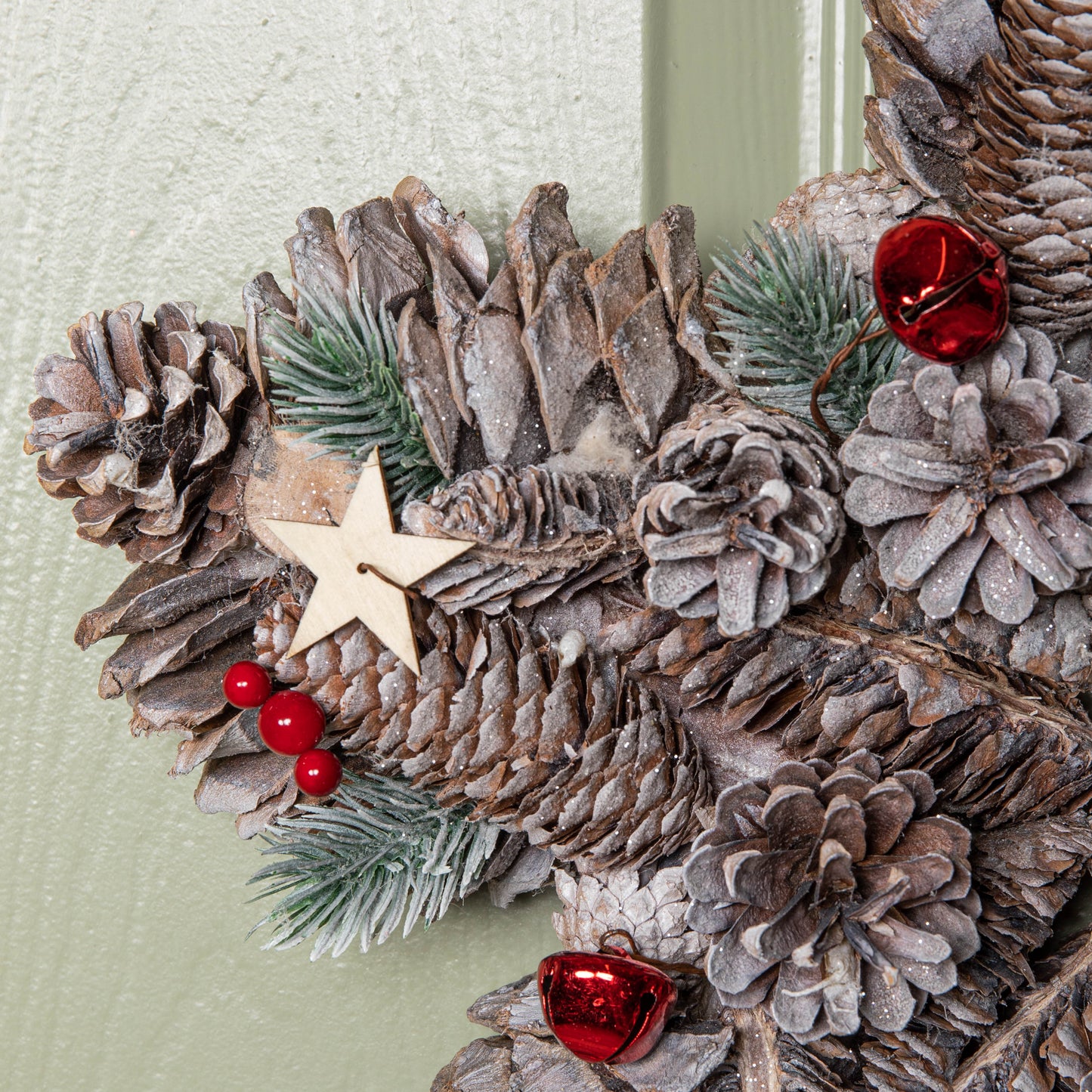 35cm Frosted Hanging Christmas Star Wreath with Red Jingle Bells & Wooden Stars