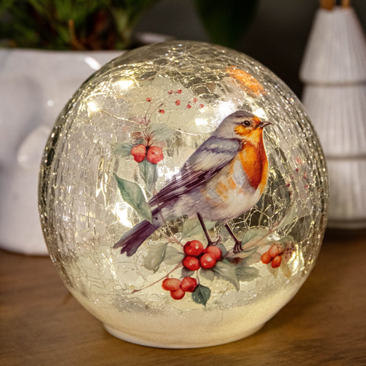 15cm Battery Operated Light up Robin Crackle Glass Ball with 12 Warm White LEDs