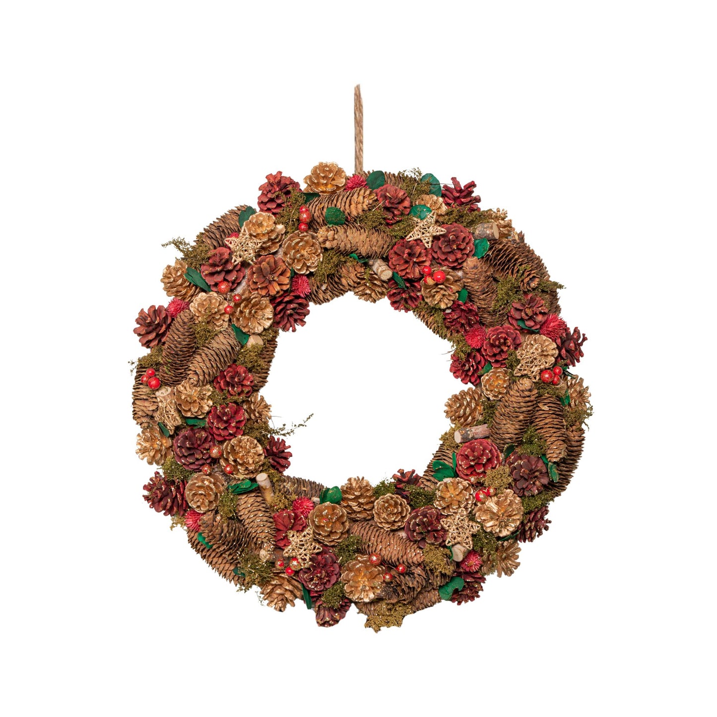 60cm Red Hanging Christmas Wreath with Red Berries and Pinecones 