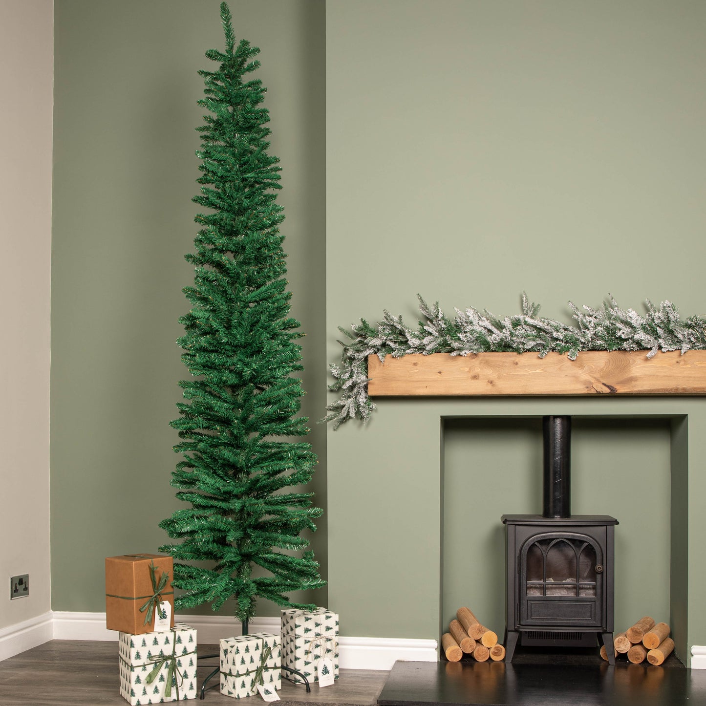 8ft (2.4m) Green Artificial Pencil Christmas Tree With Green Metal Stand and 460 Tips