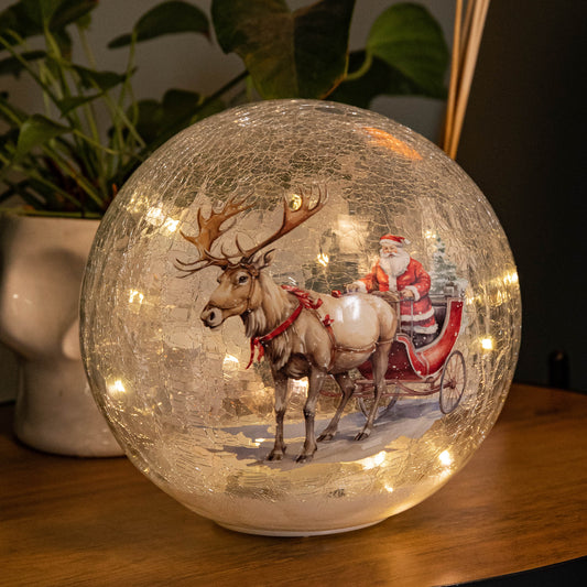 20cm Battery Operated Light up Santa Sleigh Crackle Glass Ball with 15 Warm White LEDs