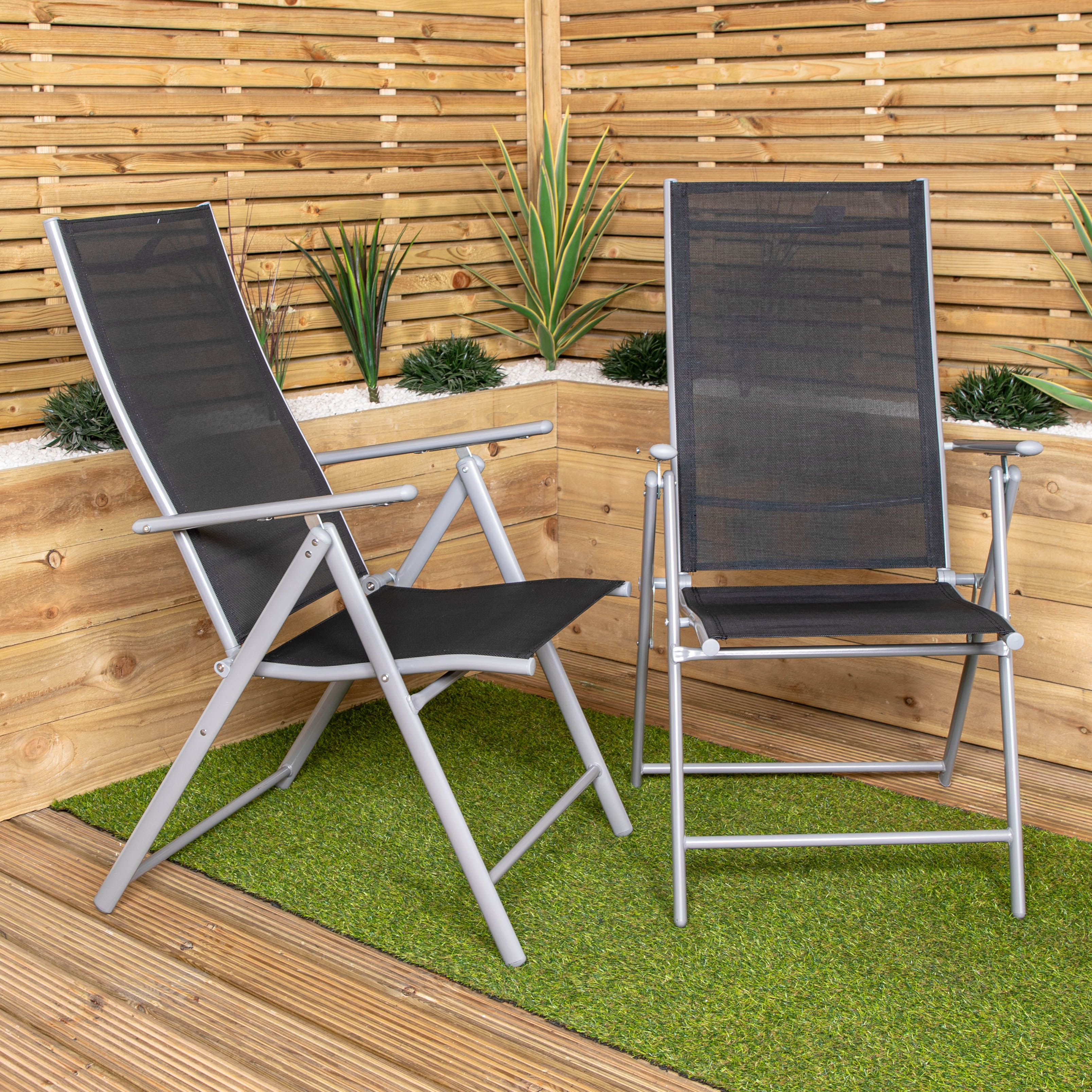 2 x Multi Position High Back Reclining Garden / Outdoor Folding Chair in Black and Silver