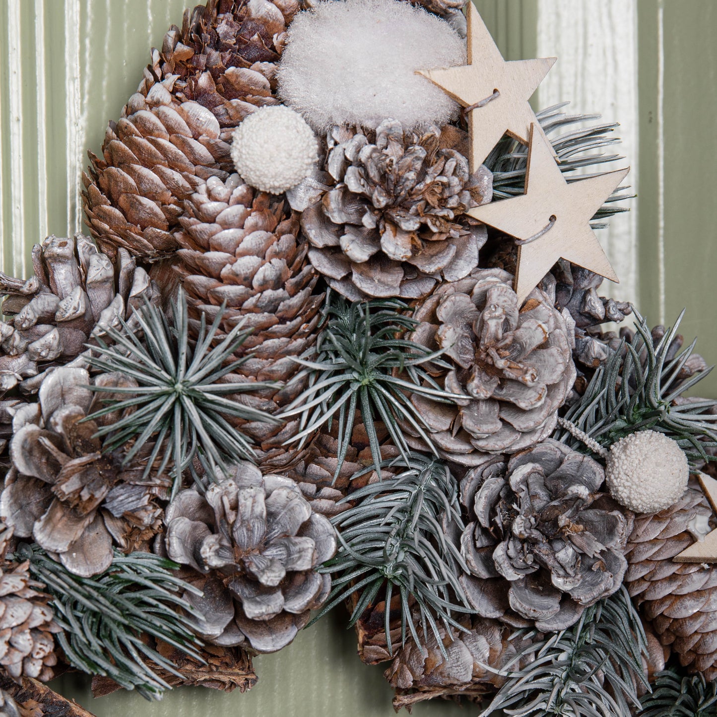 35cm Frosted Hanging Christmas Star Wreath with Pine Cones & Wooden Stars