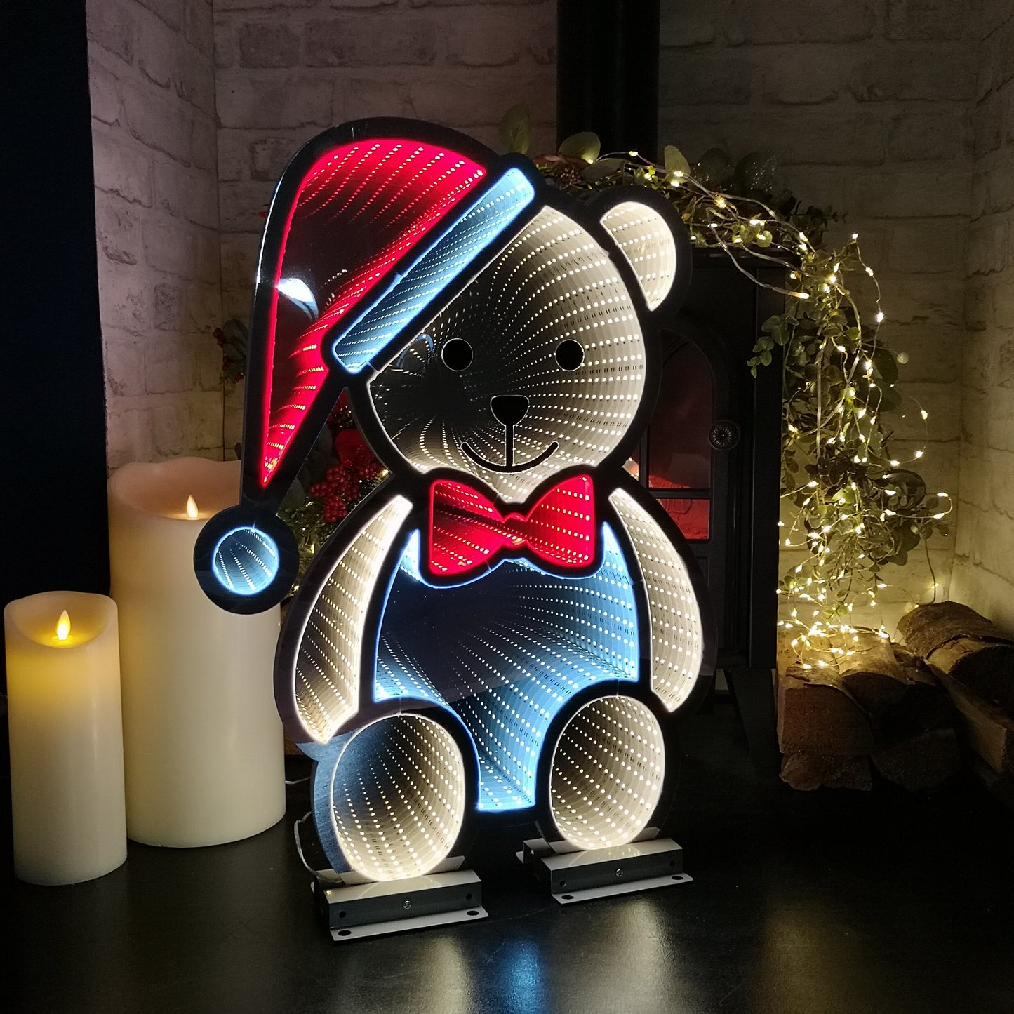 60cm LED Infinity Light Teddy with Hat & Bow-tie Decorations with Metal Stand