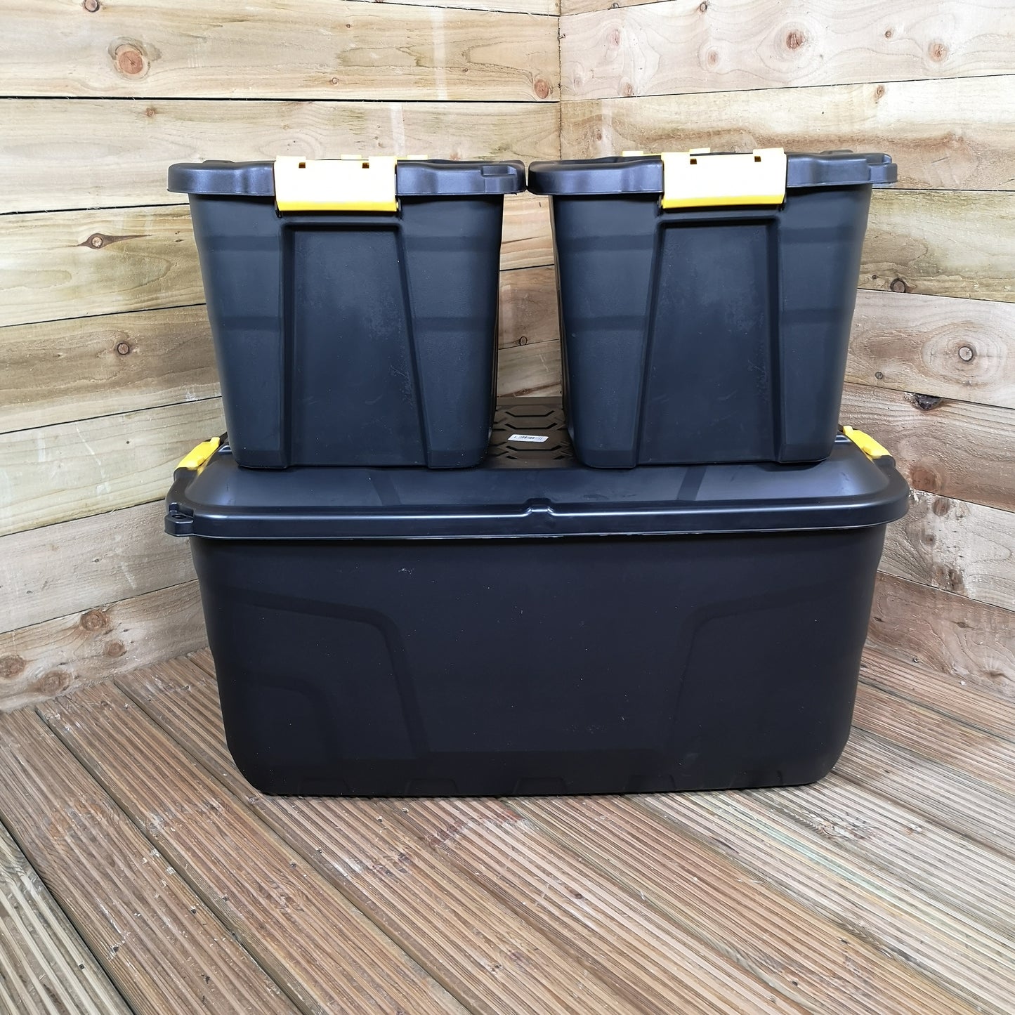 1 x 145L AND 2 x 60L Heavy Duty Trunks 1 on Wheels Sturdy, Lockable, Stackable and Nestable Design Storage Chest with Clips in Black