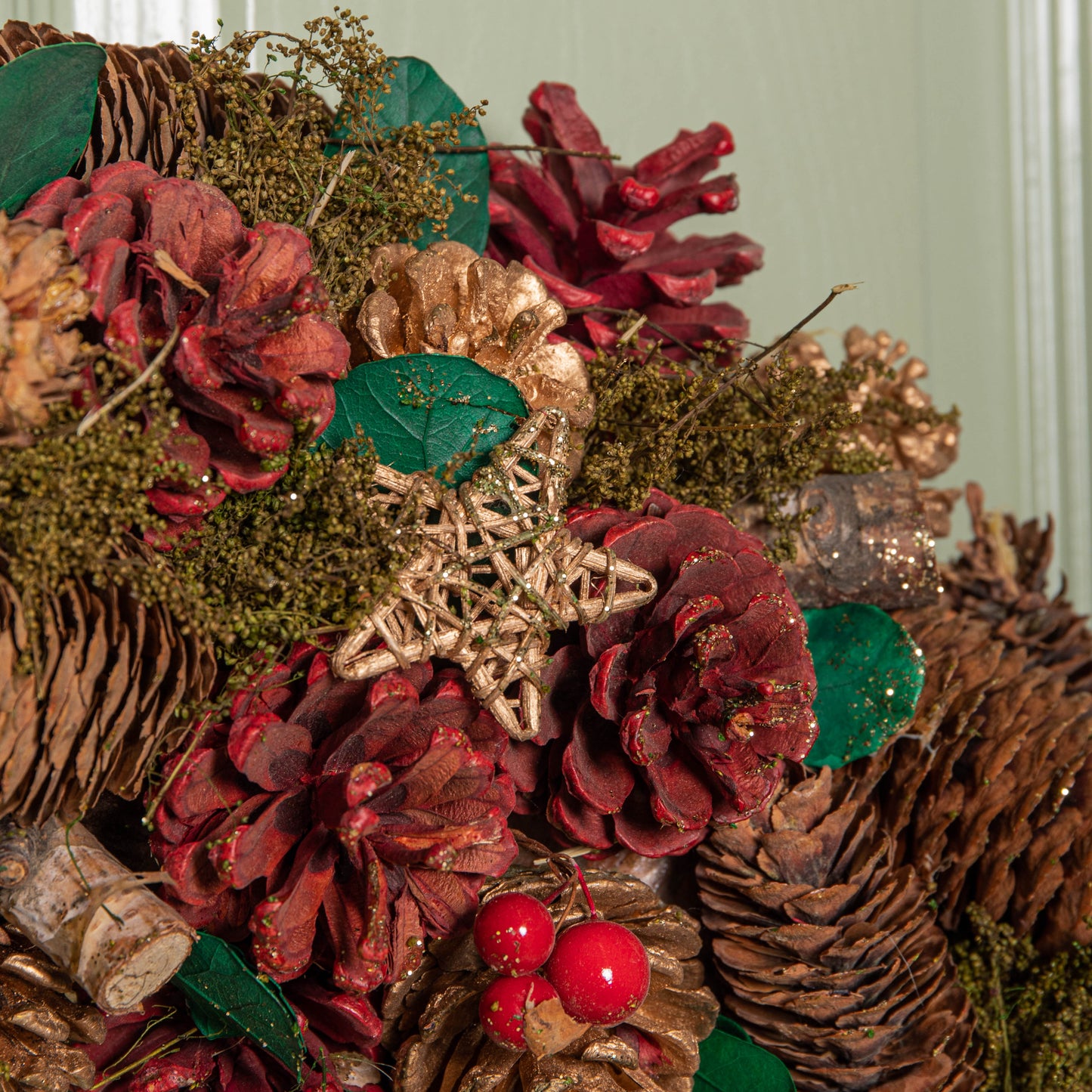 60cm Red Hanging Christmas Wreath with Red Berries and Pinecones 