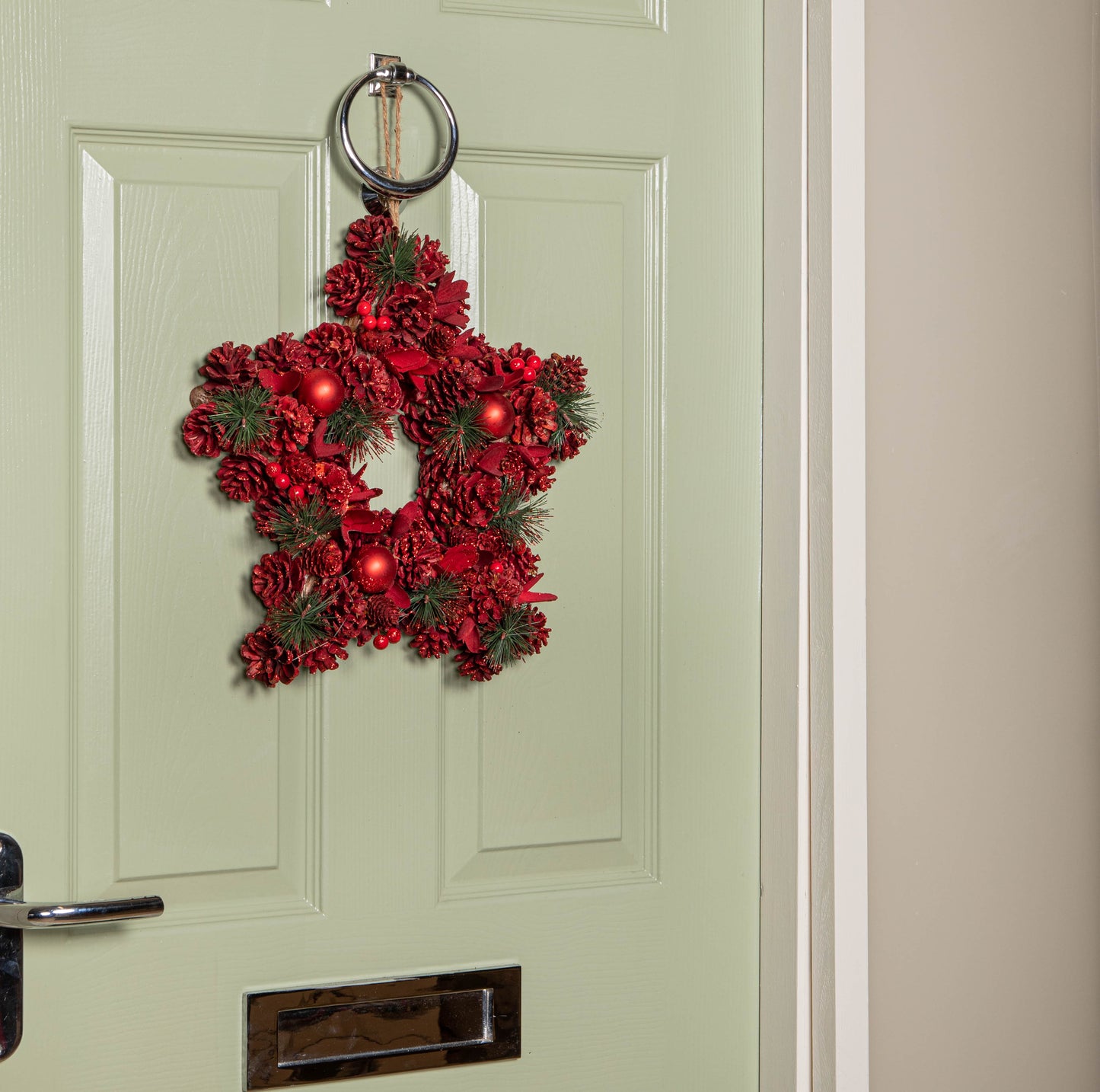 35cm Ruby Pine Hanging Christmas Star Wreath with Red Pinecones and Berries