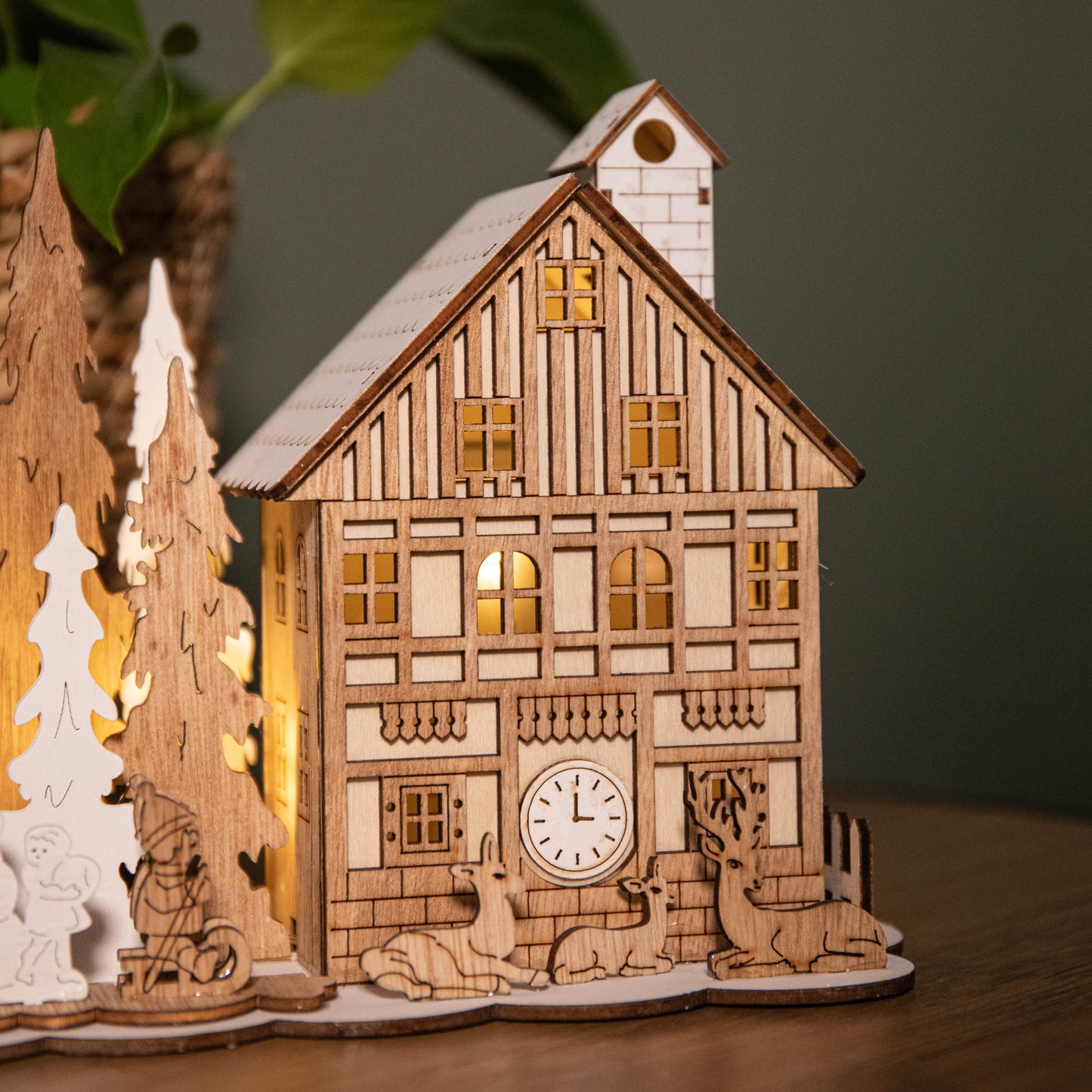 16cm Battery Operated Light up Wooden House Scene with Christmas Trees and Warm White LEDs