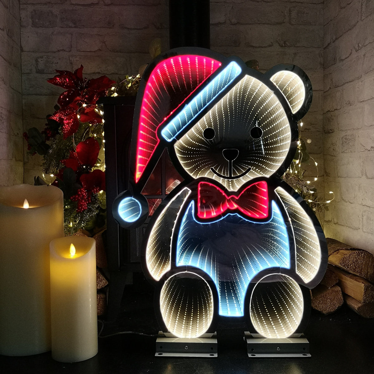 60cm LED Infinity Light Teddy with Hat & Bow-tie Decorations with Metal Stand