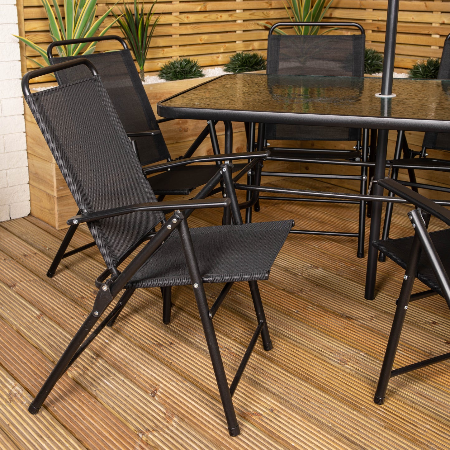 Samuel Alexander Outdoor 6 Seater Glass Top Table and Chairs Patio Set with Parasol in Black