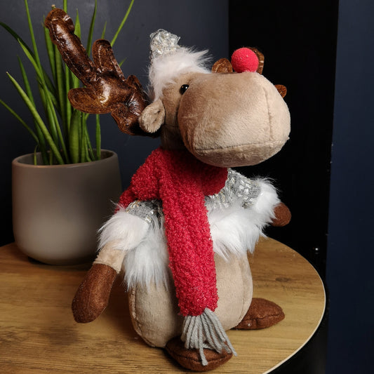 38cm Plush Reindeer Christmas Decoration with Hat and Scarf in Grey