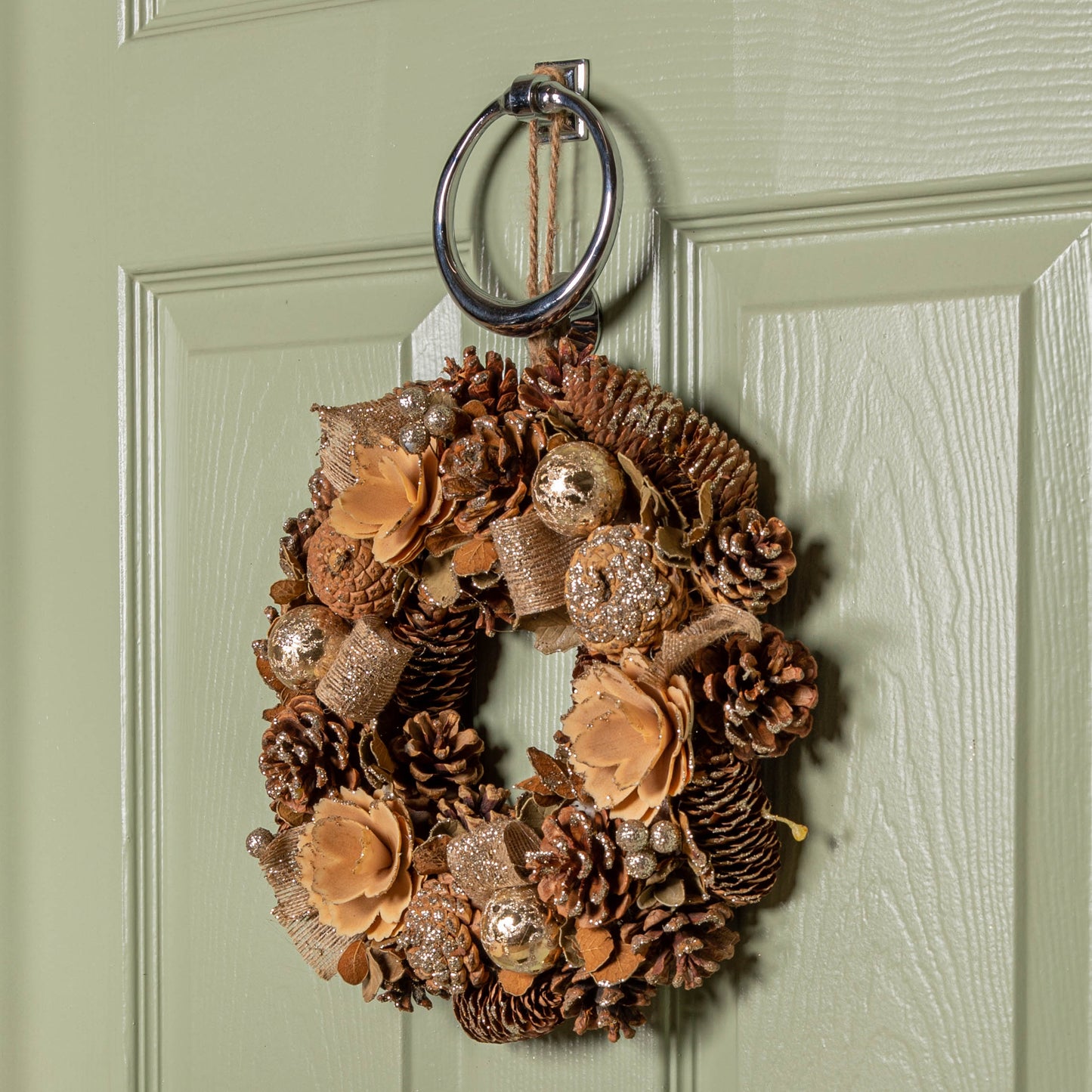 30cm Hanging Christmas Gold Fest Wreath with Pinecones and Gold Berries