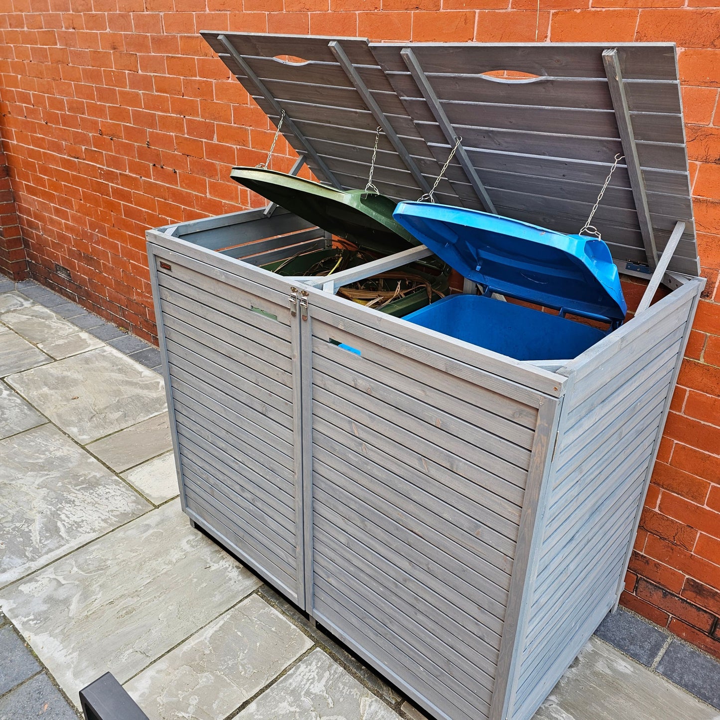 2.03m x 1.14m Large Grey Wooden Outdoor Garden Triple Wheelie Bin Store Storage for 3 Bins 