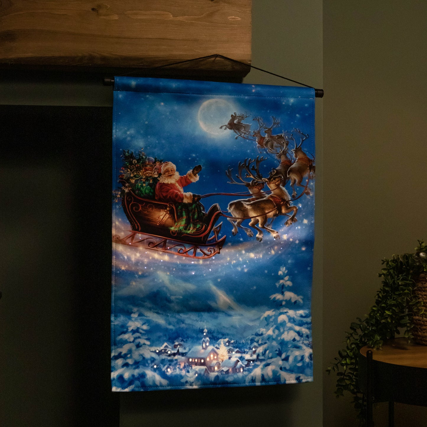 60cm x 40cm Battery Operated Light up Santa Sleigh Fabric Hanging Christmas Banner