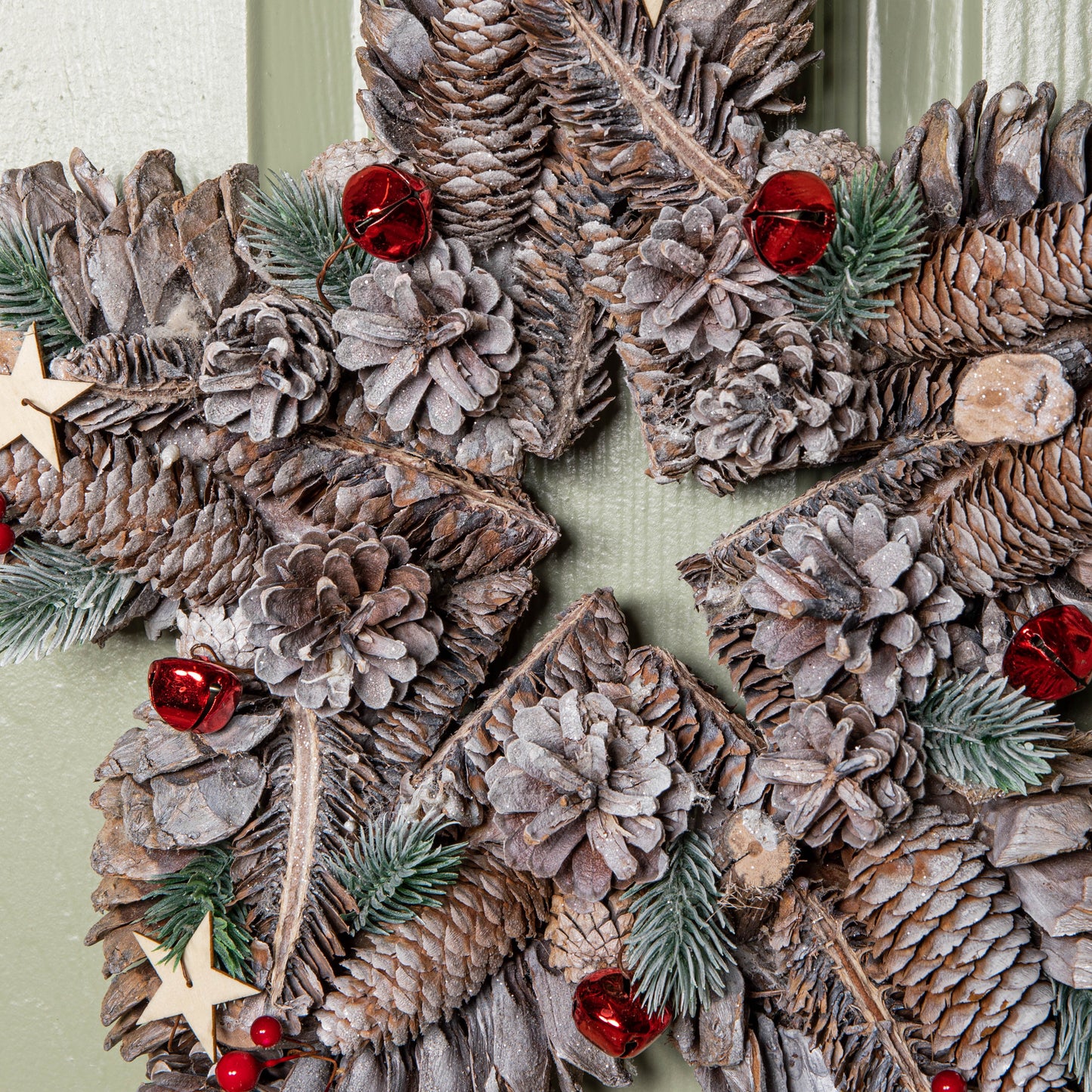 35cm Frosted Hanging Christmas Star Wreath with Red Jingle Bells & Wooden Stars