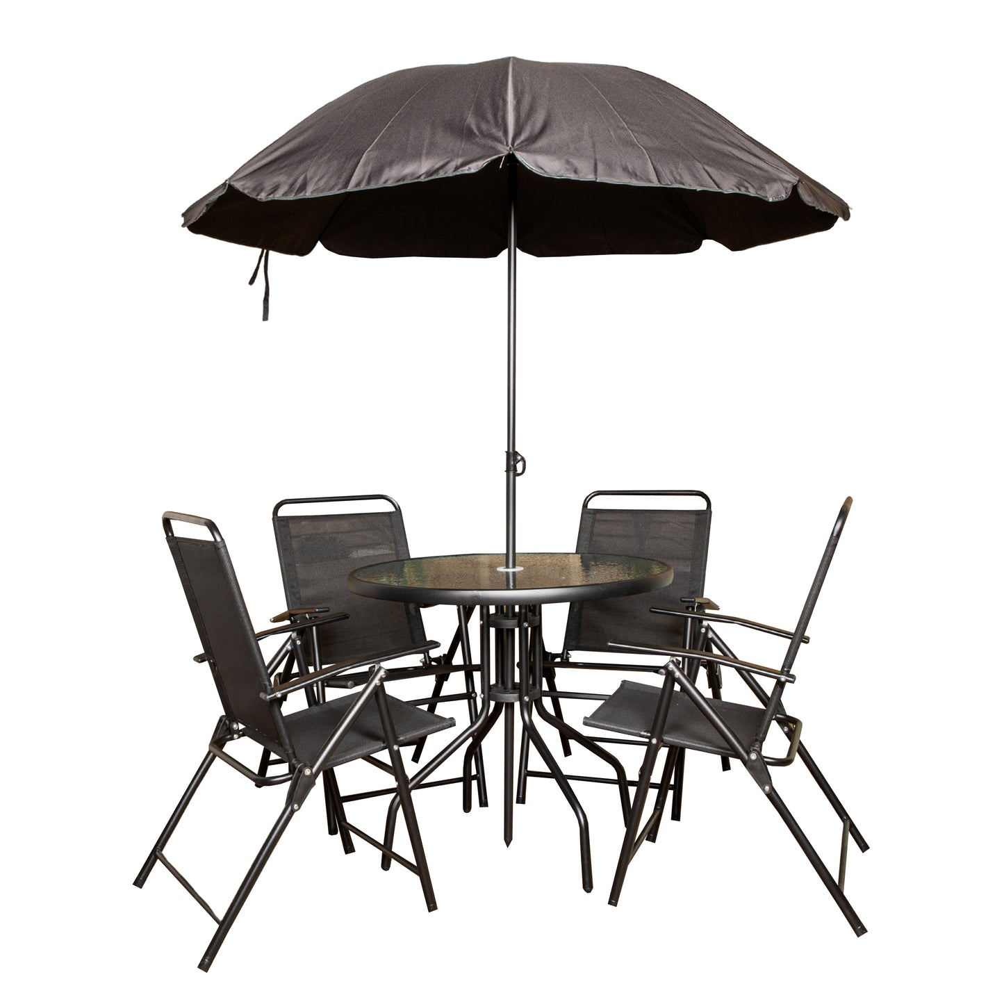 Samuel Alexander Outdoor 4 Seater Round Glass Top Table and Chairs Patio Set with Parasol in Black