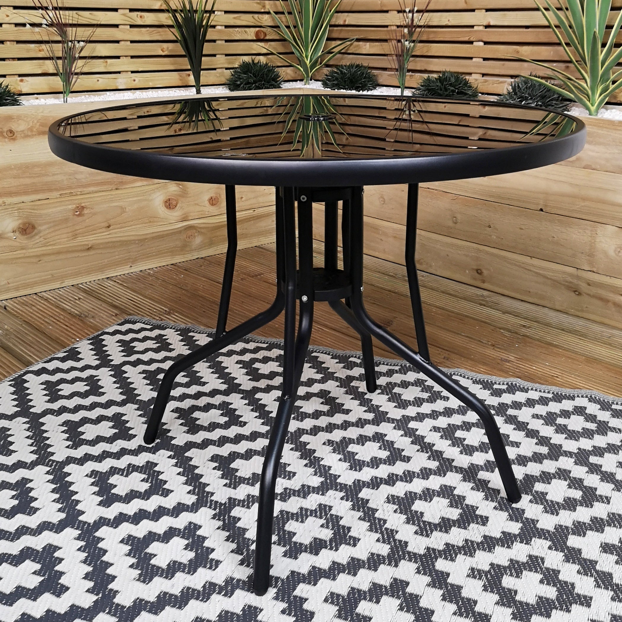 4 Person Round Black Garden Patio Table with Glass Top & Parasol Hole