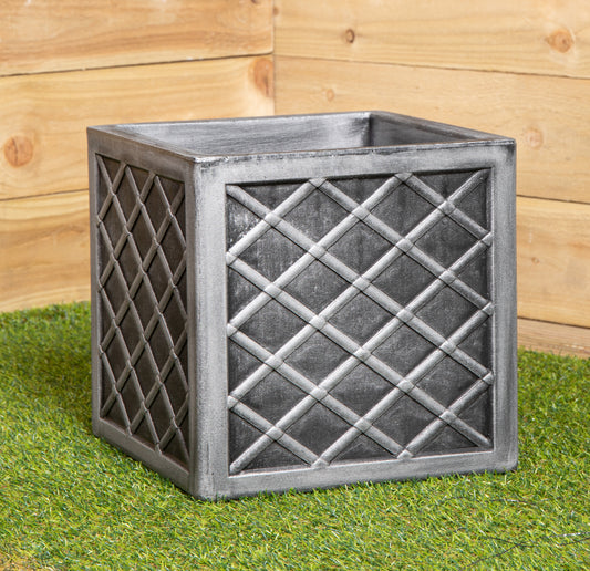 30cm Small Square Plastic Pewter Grey Garden Patio Planter