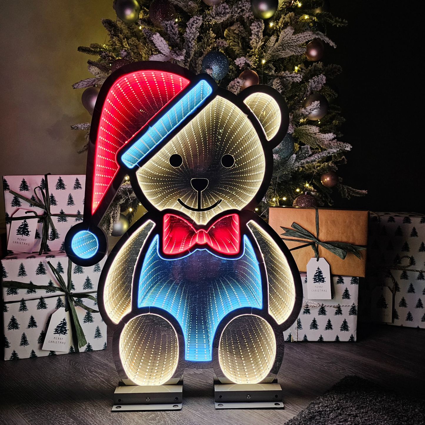 60cm LED Infinity Light Teddy with Hat & Bow-tie Decorations with Metal Stand