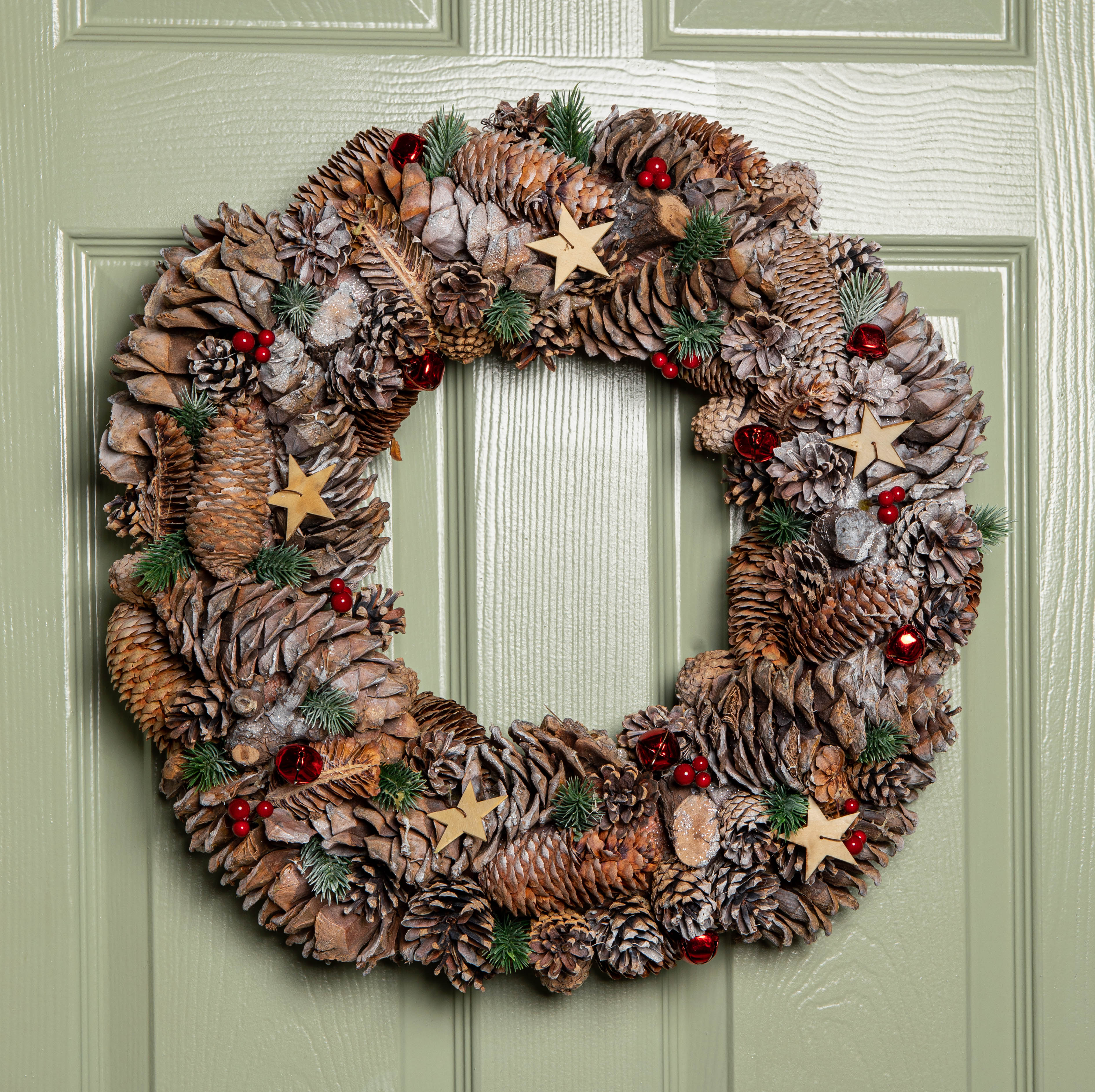 50cm Frosted Hanging Christmas Wreath with Red Jingle Bells & Wooden Stars