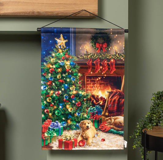 60 x 40cm Battery Operated Light up Fireplace and Tree Fabric Hanging Christmas Banner