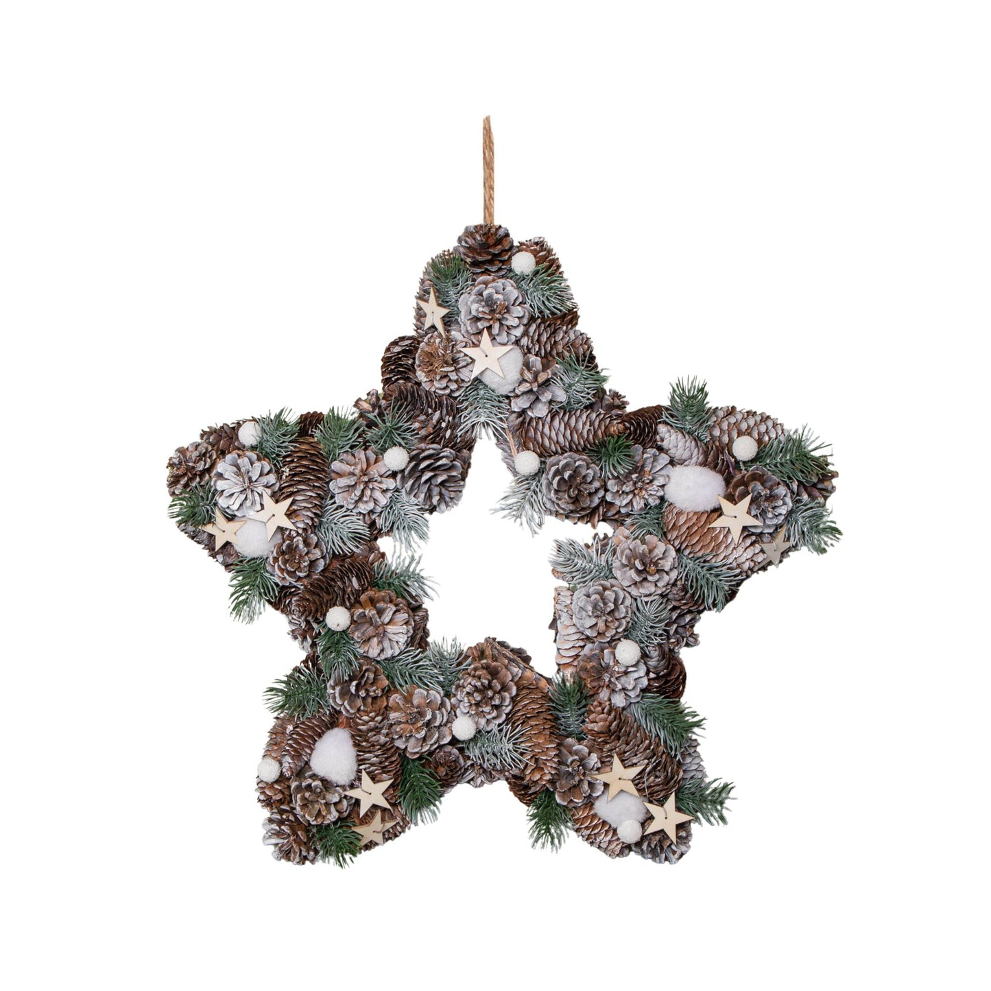 45cm Frosted Hanging Christmas Star Wreath with Pine Cones & Wooden Stars