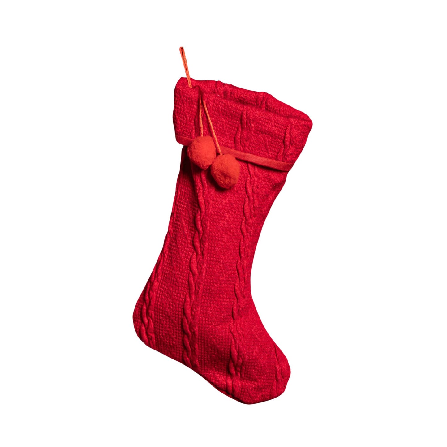 45cm Knitted Fabric Christmas Stocking Decoration with Pom Poms in Red