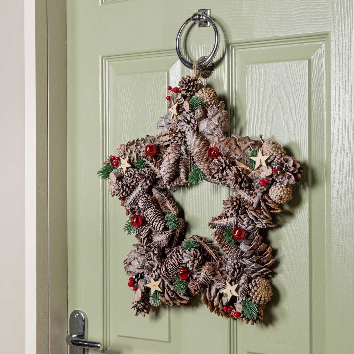 45cm Frosted Hanging Christmas Star Wreath with Red Jingle Bells & Wooden Stars