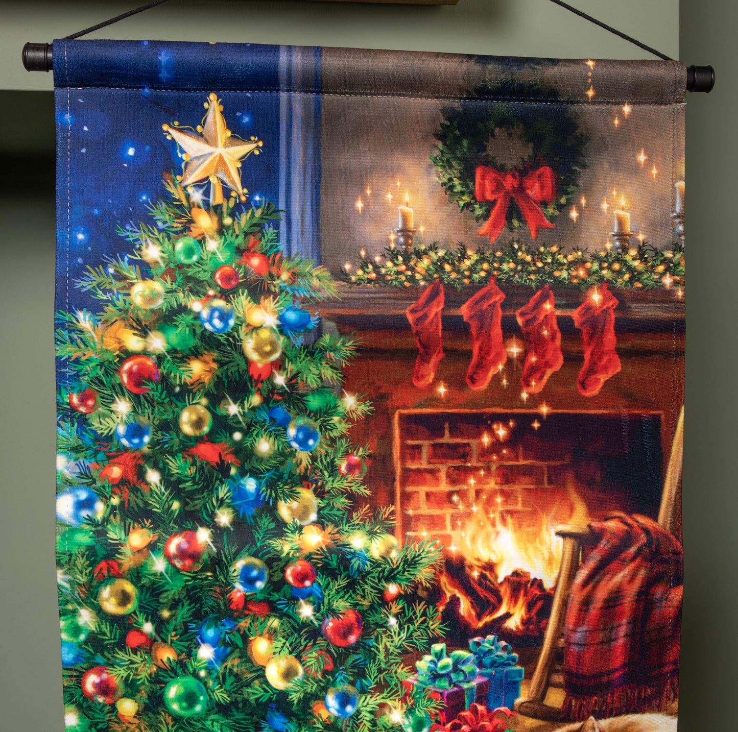 60 x 40cm Battery Operated Light up Fireplace and Tree Fabric Hanging Christmas Banner