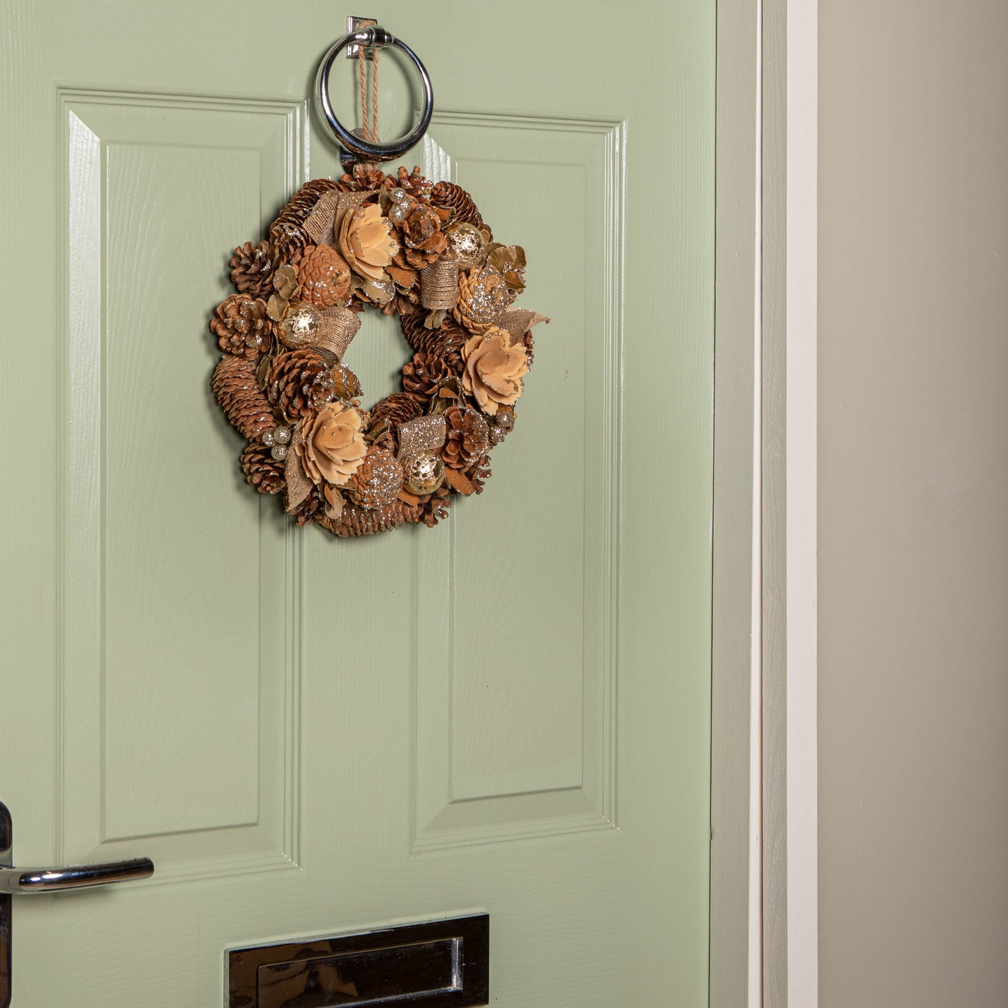 30cm Hanging Christmas Gold Fest Wreath with Pinecones and Gold Berries