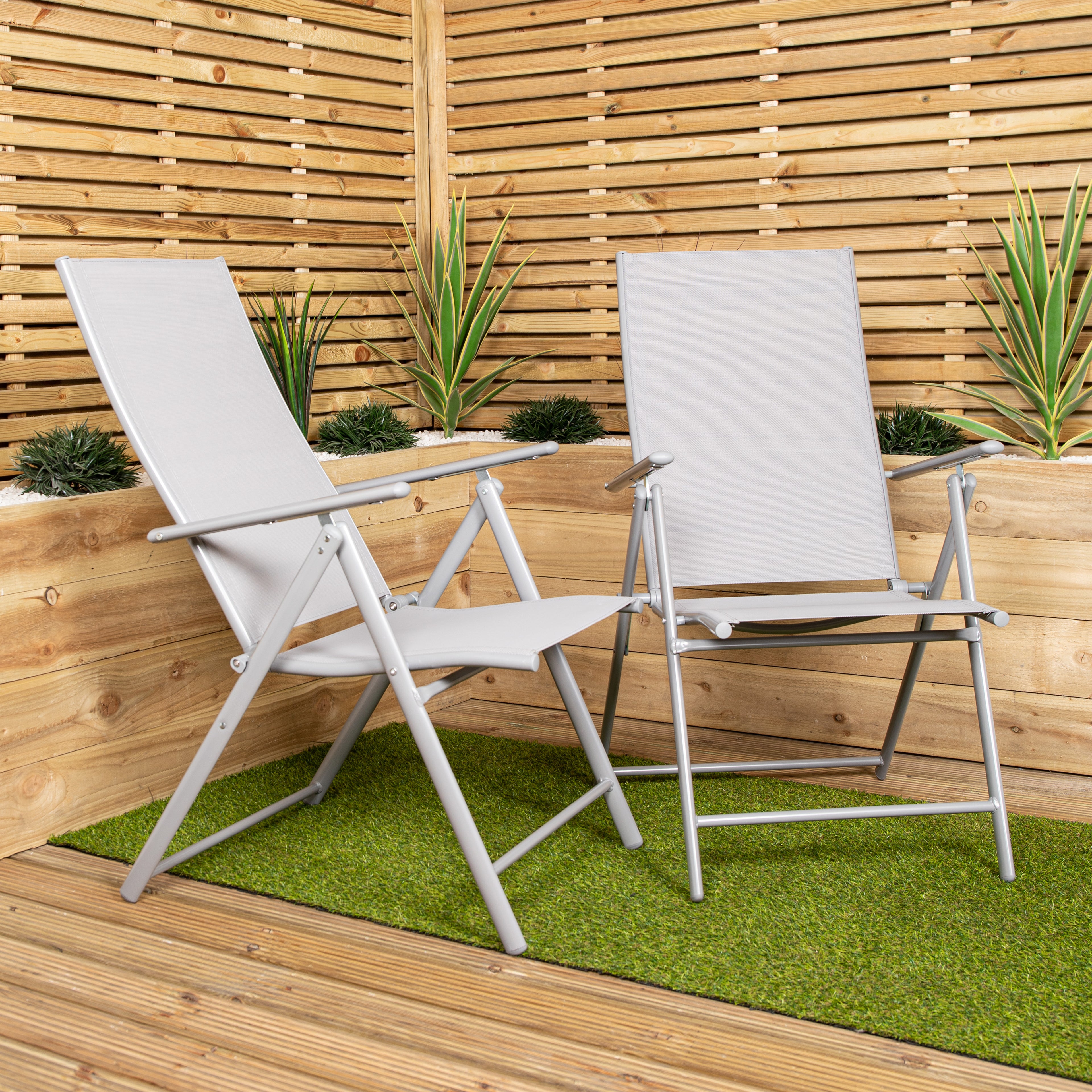 Set of 2 Outdoor Garden Patio Multi Position Reclining Folding Chair in Grey