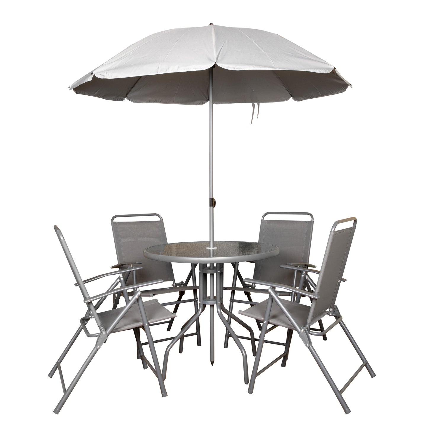 Samuel Alexander Outdoor 4 Seater Round Glass Top Table and Chairs Patio Set with Parasol in Grey