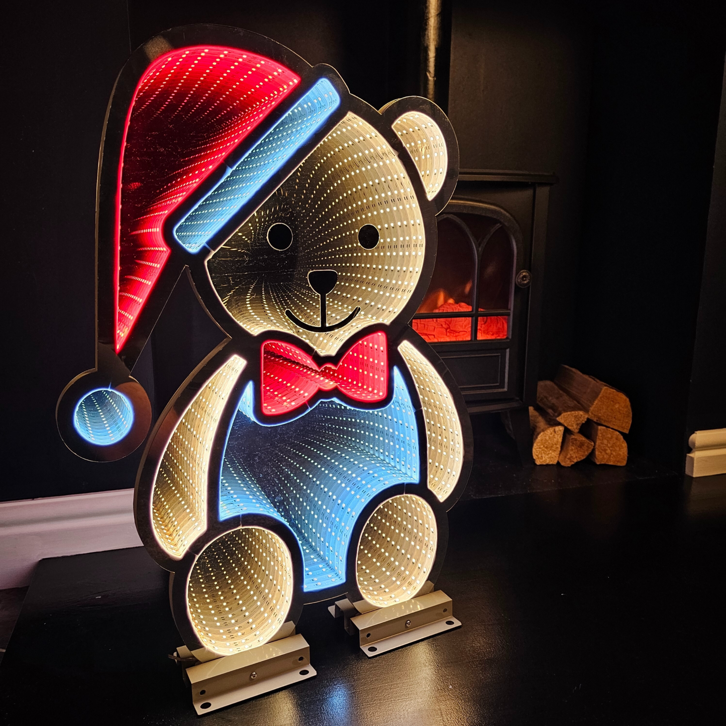 60cm LED Infinity Light Teddy with Hat & Bow-tie Decorations with Metal Stand