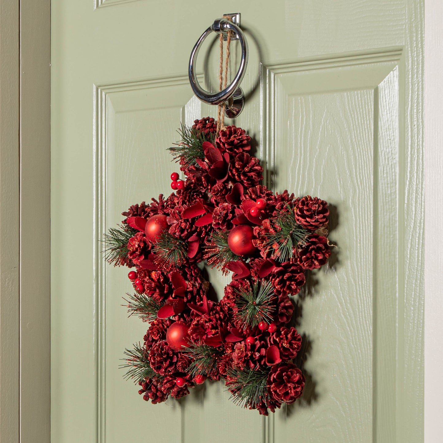 35cm Ruby Pine Hanging Christmas Star Wreath with Red Pinecones and Berries