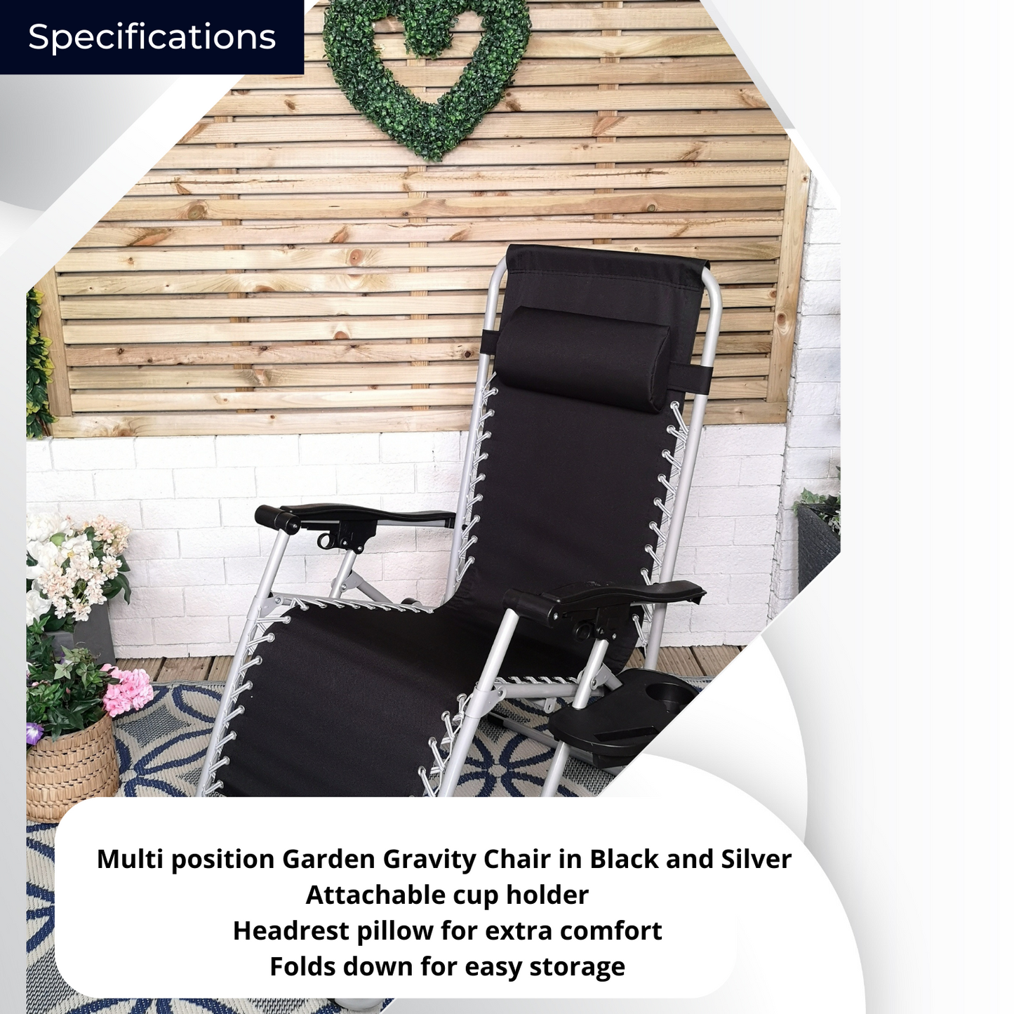 Set of 2 Multi Position Garden Zero Gravity Relaxer Chair Sun Lounger in Black & Silver