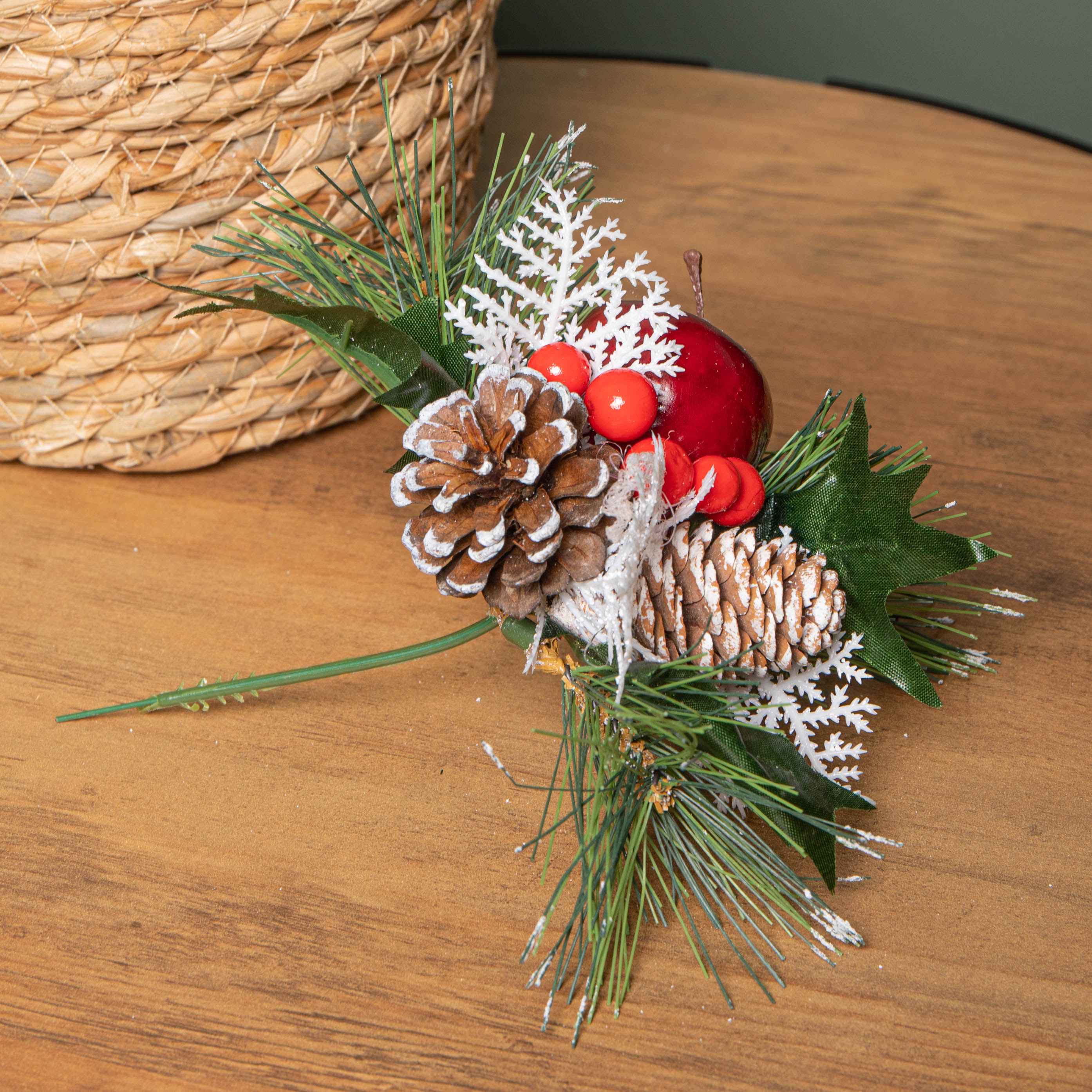 Set of 6 18cm Christmas Pick Decoration with Frosted Pinecones, Apple and Red Berries