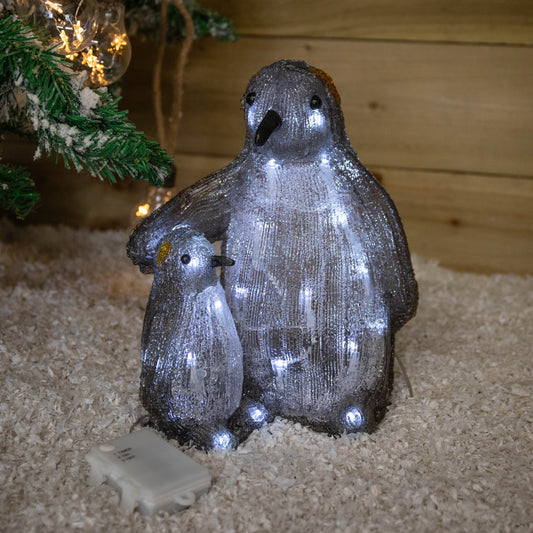 29cm Battery Operated Light up Acrylic Christmas Penguin & Chick with 30 White LEDs 