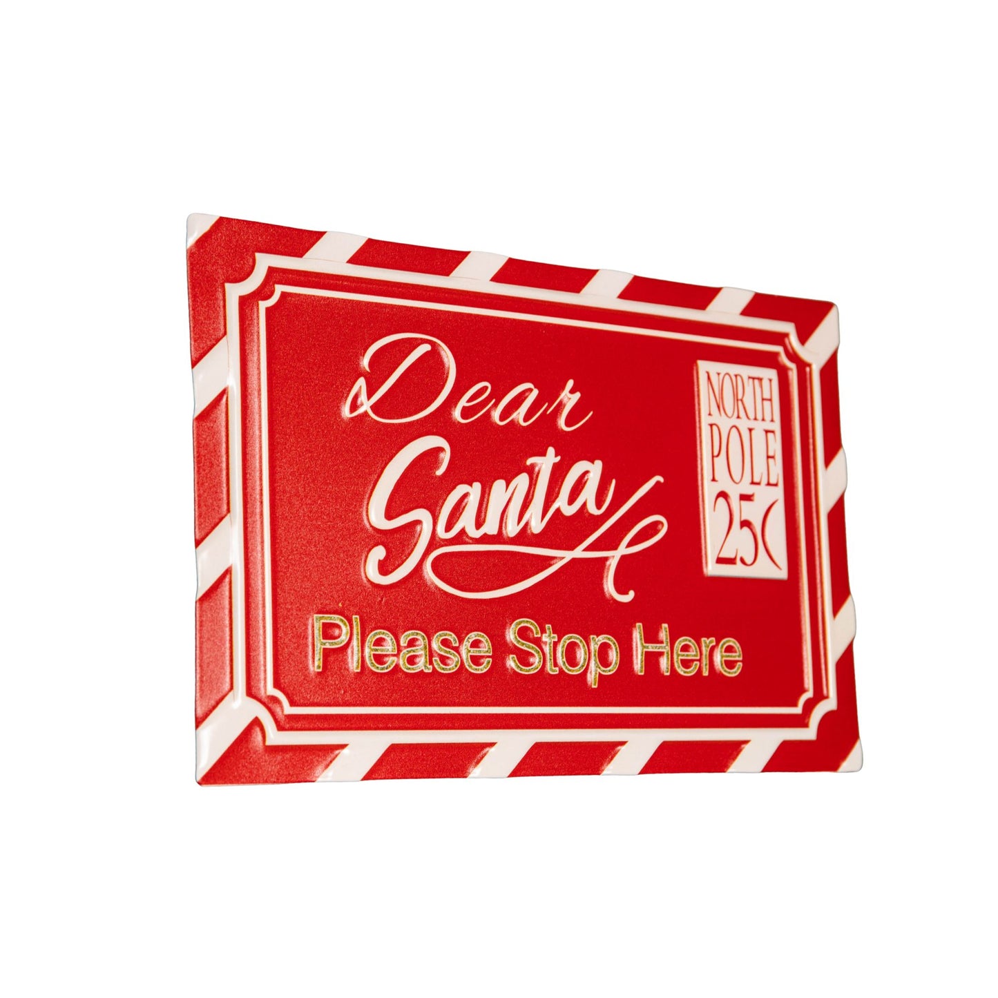 29cm Red and White Dear Santa Stop Here Hanging Metal Sign Christmas Decoration