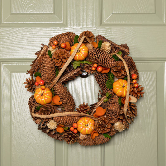 36cm Hanging Artificial Harvest Home Autumn Wreath with Pinecones and Pumpkins