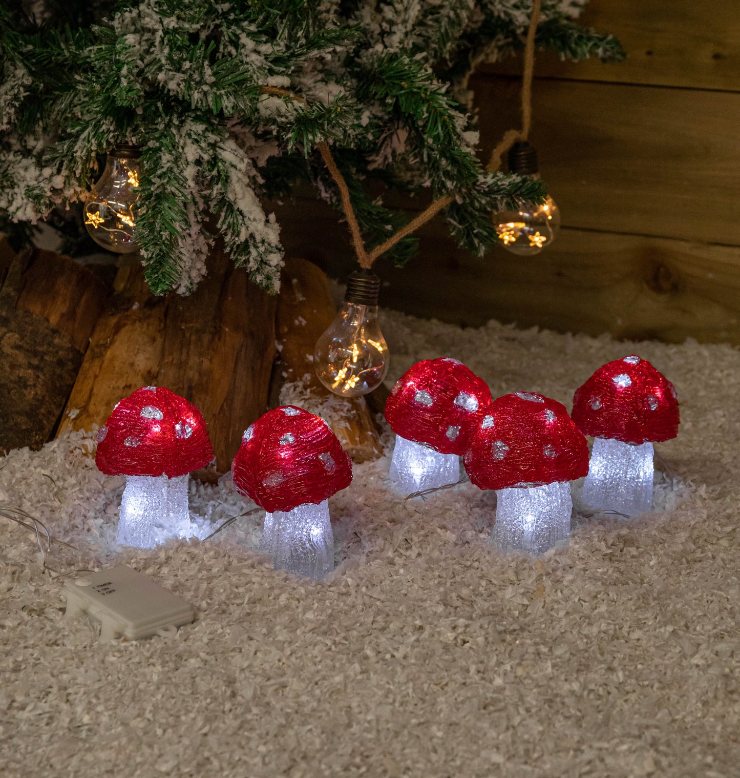 Set of 5 Battery Operated Red & White Acrylic Christmas Mushrooms with Cool White LEDs