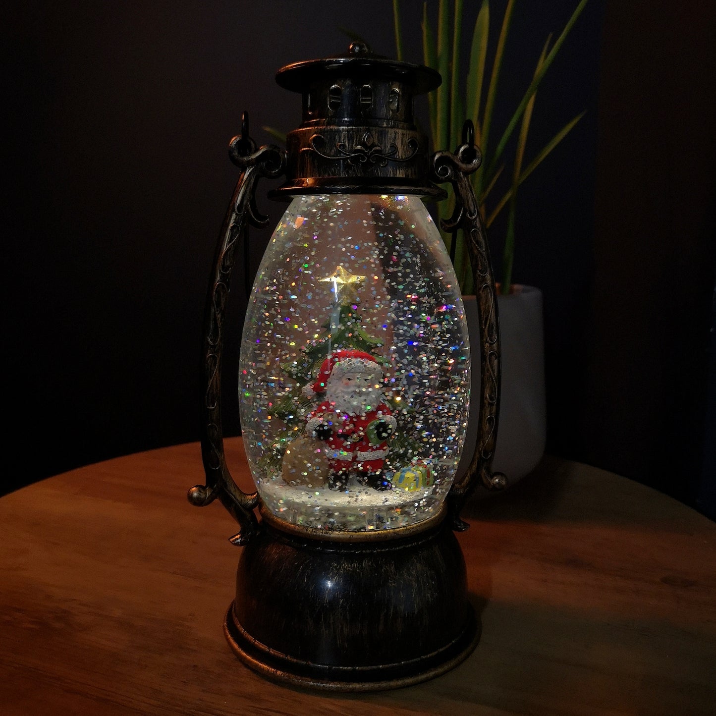 24cm LED Christmas Glitter Water Spinner Antique Lantern Snowy Santa Scene