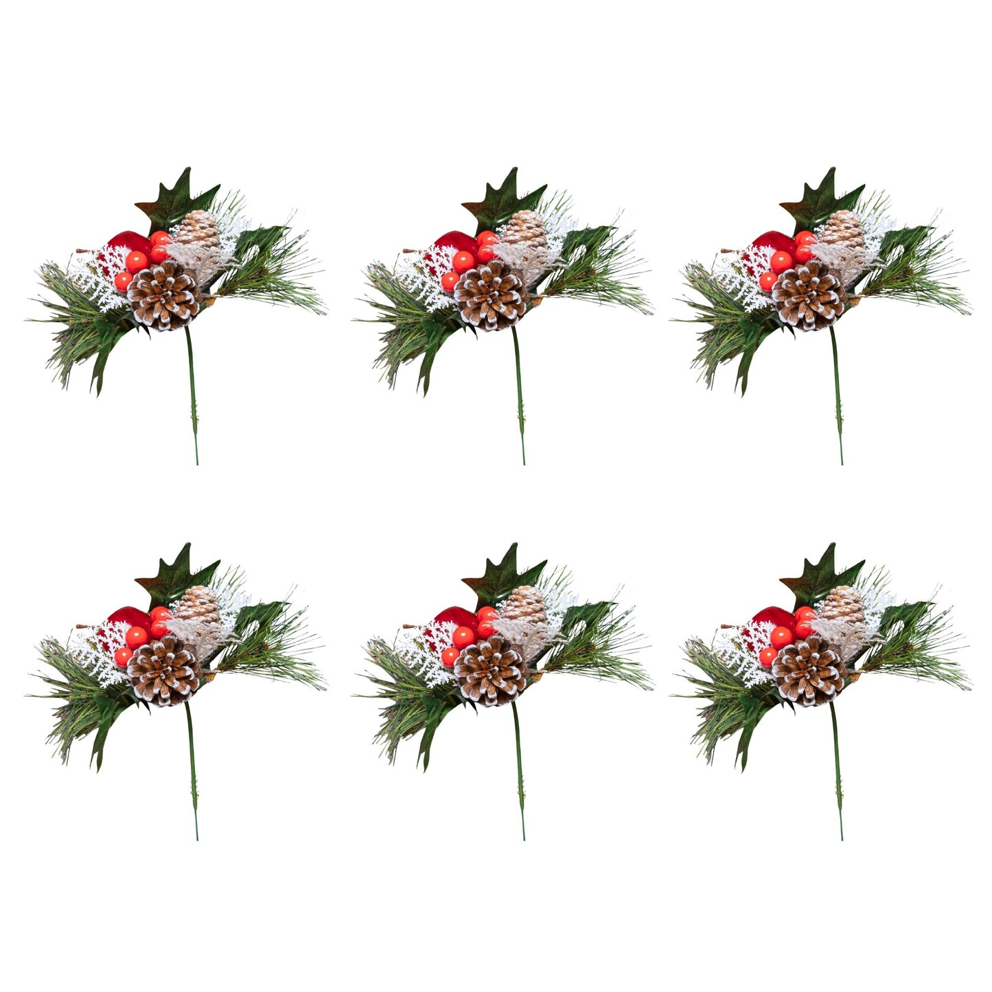 Set of 6 18cm Christmas Pick Decoration with Frosted Pinecones, Apple and Red Berries