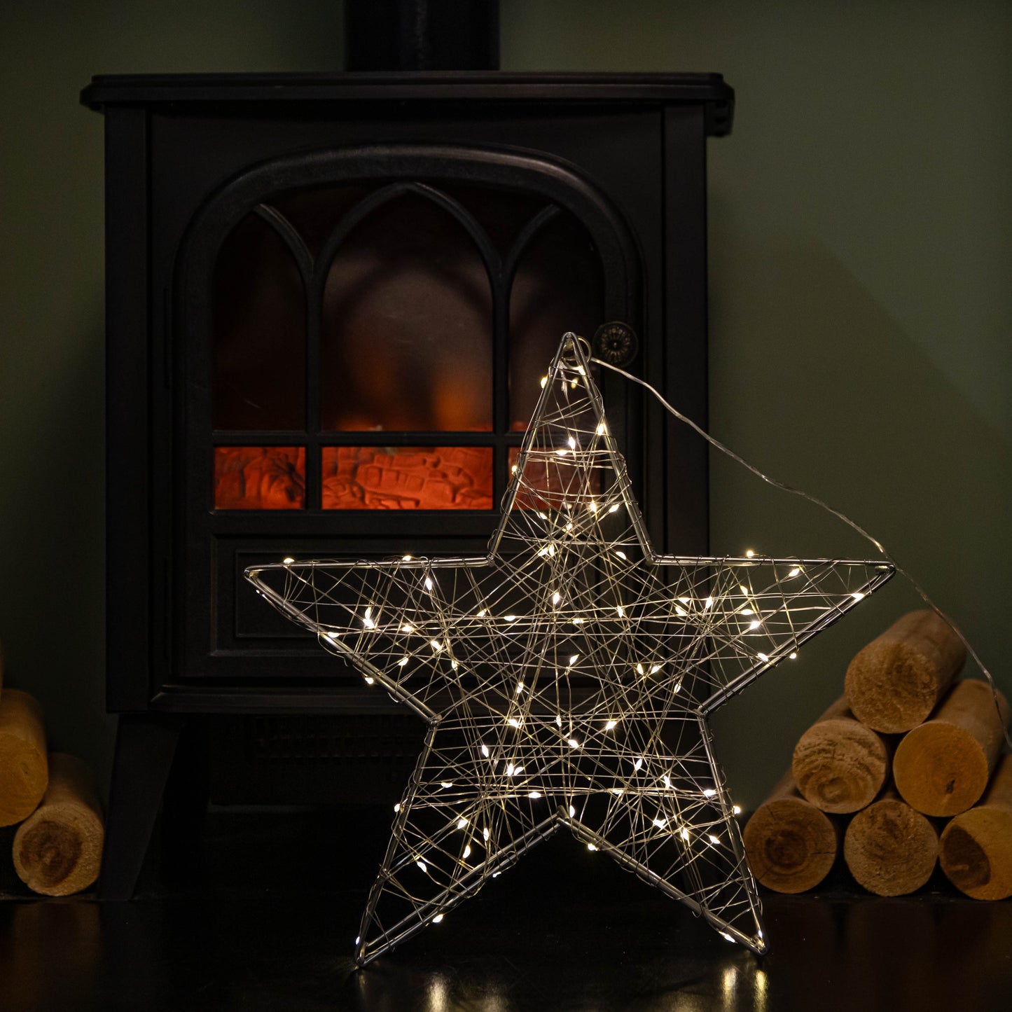 38cm Light up 3D Christmas Silver Star with 80 Warm White LEDs