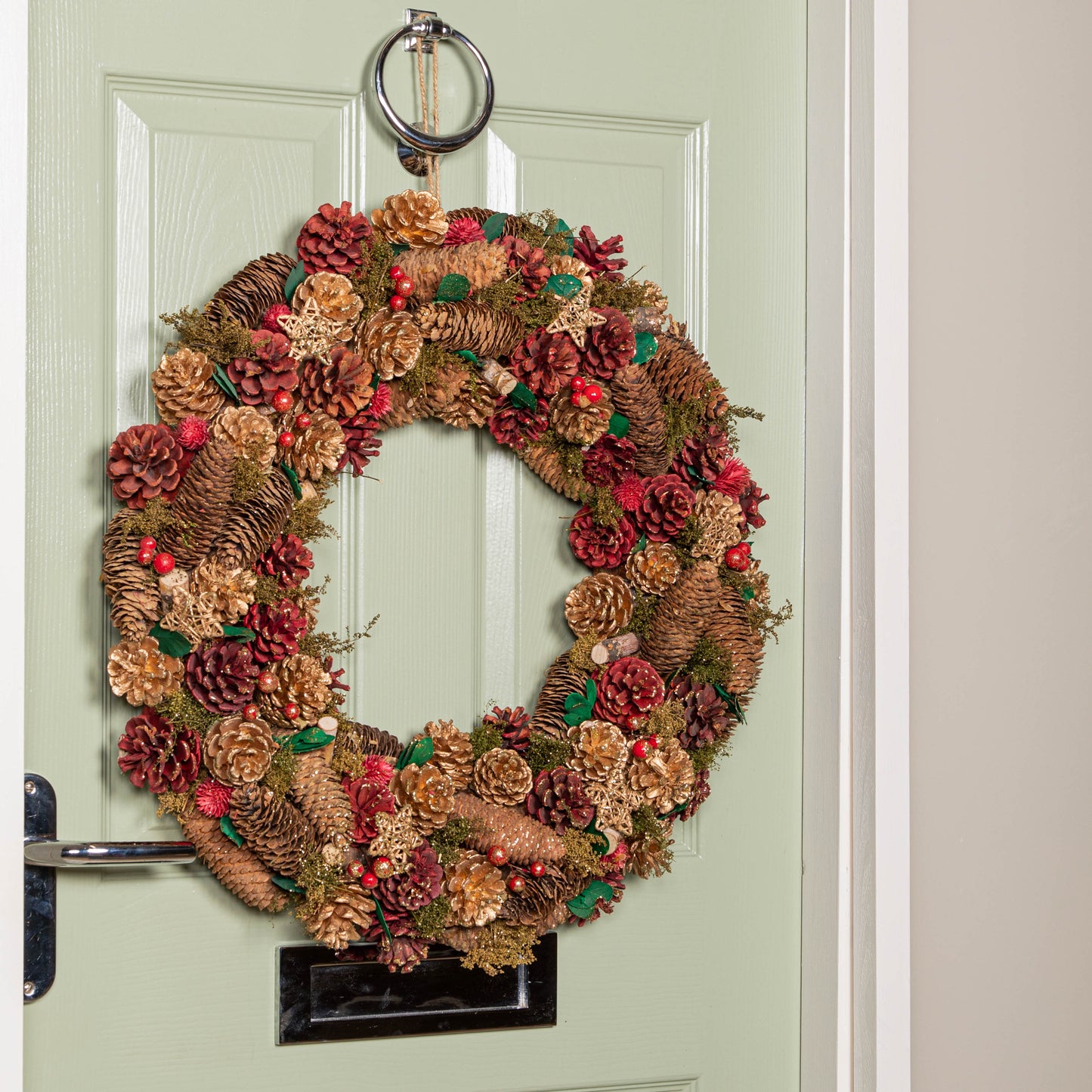 60cm Red Hanging Christmas Wreath with Red Berries and Pinecones 