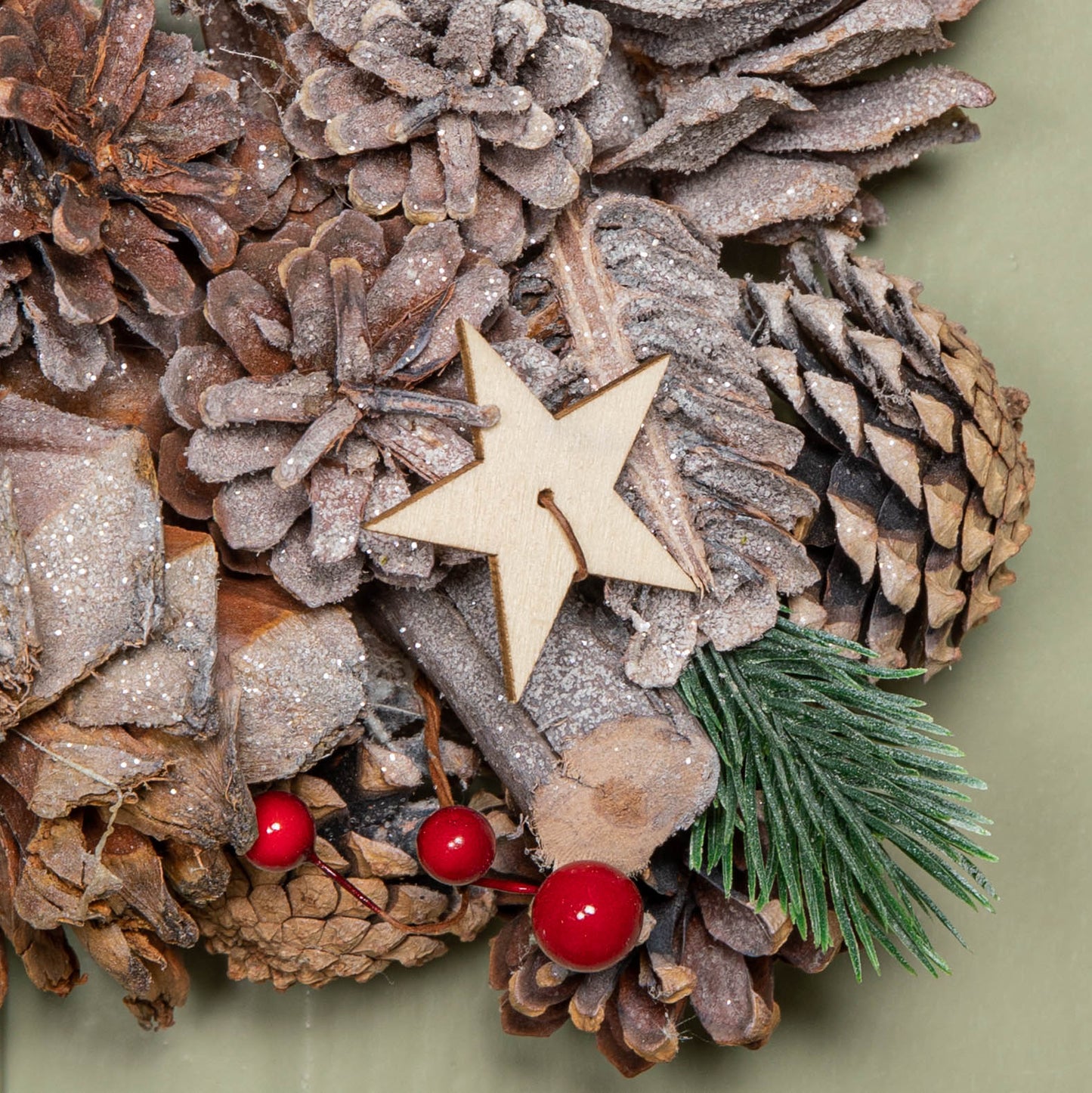 45cm Frosted Hanging Christmas Star Wreath with Red Jingle Bells & Wooden Stars