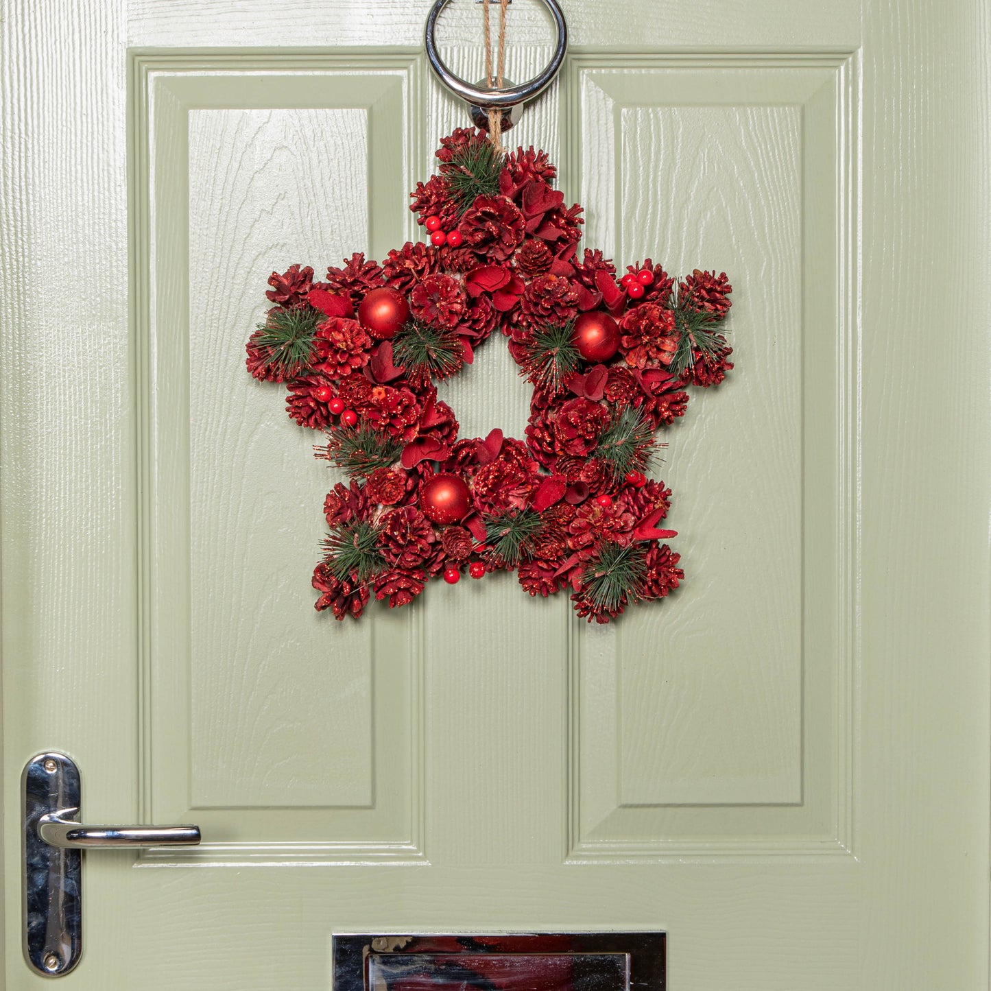 35cm Ruby Pine Hanging Christmas Star Wreath with Red Pinecones and Berries